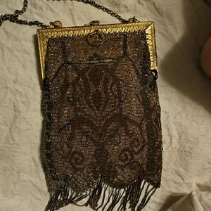 Vintage Early 1900's Gold and Brown Steel Beaded Evening Bag